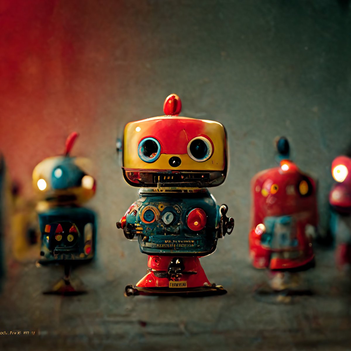 RogerAn3D's tweet photo. Day 1 of my AI-generated art experimentation:

Communed with the collective subconscious of Midjourney for 2 hrs, &amp; these were my faves

Prompt:
cute happy retro toy robot figures made of metal in primary colors:: redshift render, digital art, hyper-detailed, ultra-realistic, 8k https://t.co/hHmOOM56lM