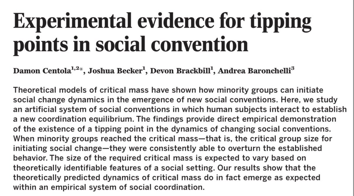emollick's tweet image. Social change happens very slowly, and then all at once, because there are tipping points in social beliefs. This paper found that when 25% of people shared a new norm, this could trigger a tipping point to change the consensus of the entire population. science.org/doi/10.1126/sc…
