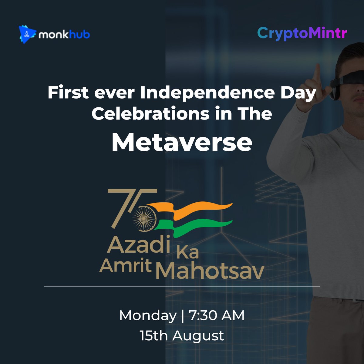 kapiljaink3's tweet image. Let's celebrate the 'Azadi Ka Amrit Mahotsav on Metaverse' to commemorate 75 years of our country's independence. Please join us at 7:30 am on Monday, the 15th of August as we host the world's first flag hoisting event on the #Metaverse 

@monkhub @cryptomintr 

#HarGharTiranga