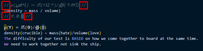 these are the only lines in the contract that had quotes at the beginning and ends of the line. 
🝧 alchemical symbol for crucible (test) 
🜖 alchemical symbol for vitriol(aka acid or hate)
Ω ohm/peace

We need to work together under @icecreamsandETH command to board. <a href="/crudeborne/">CrudeBorne</a>