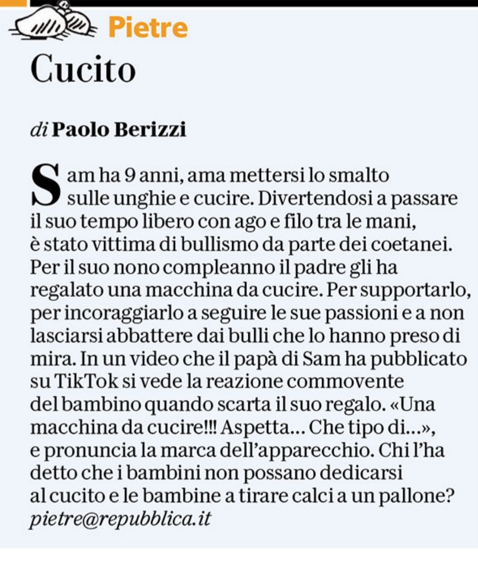 PBerizzi's tweet photo. Sam, 9 anni, unghie smaltate e la passione per ago e filo. Vittima dei bulli. Per sostenerlo e incentivarlo, il papà, per il compleanno, gli regala una macchina da cucire. 

#Pietre
@repubblica https://t.co/bICYEcTsF1