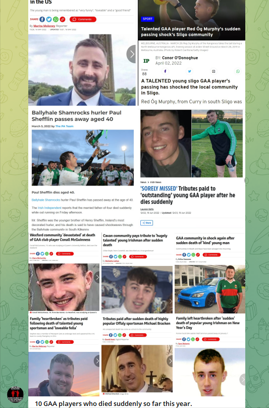 PanDanTag's tweet photo. Au moins 10 morts soudaines et inexpliquées dans la GAA 🇮🇪 (Gaelic Athletic Association) cette année.
Mais qu'est-ce qui peut bien tuer ces jeunes sportifs ? 🤔
#SADS https://t.co/odXdtUK6od