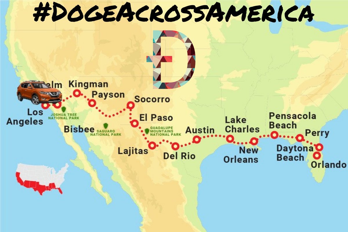 GloryDoge's tweet photo. Hey friends in 2 weeks I'll be traveling coast to coast California to Florida and I'll be promoting #Doge along the way #DogeAcrossAmerica
Possible route of travel but itinerary could change based on weather. Would be cool to run into some #Dogearmy during my travels 🙌 https://t.co/FEd4Rfyi5b