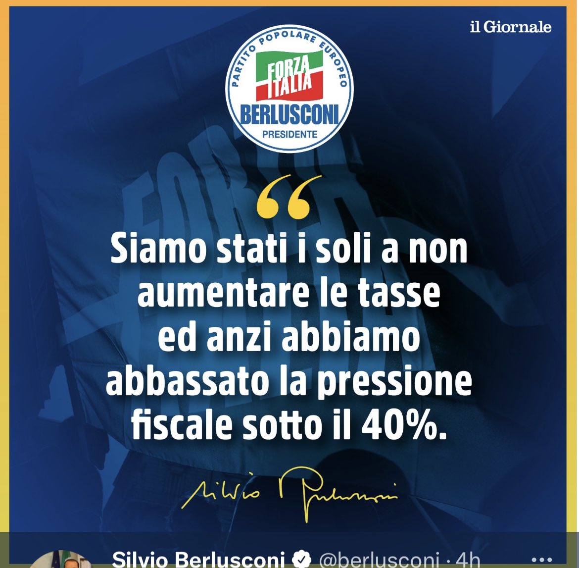 marattin's tweet photo. Affermazione falsa. Escludendo i pochi mesi del 1994, @berlusconi ha governato l’Italia 2 volte: 2001-2006 (pressione fiscale +0,2%) e 2008-2011 (+0,1%). La pressione fiscale è scesa durante il governo @matteorenzi, del 2,2% (comprendendo gli 80 euro). Fonte dei dati: Istat https://t.co/hWBOzssPHV