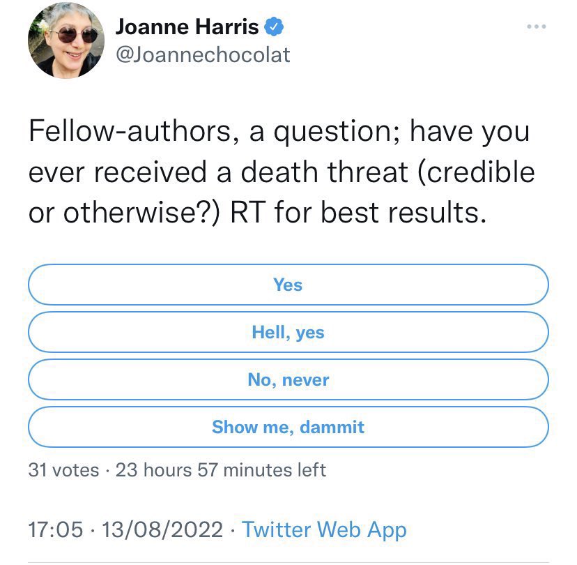 In the context of yesterday’s attack on Salman Rushdie, this would be a tasteless poll for the chair of the @Soc_of_Authors to run even if she weren’t obviously snarking at JK Rowling. The fact that she is makes it utterly indefensible. It’s high time she stepped down.