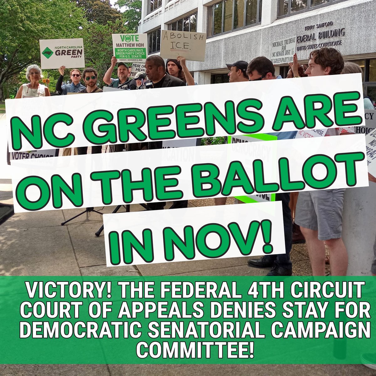 Congrats to the <a href="/NorthCarolinaGP/">North Carolina Green Party</a> and their candidates, including <a href="/MatthewPHoh/">Matthew Hoh</a>, for officially getting on the November ballot!
