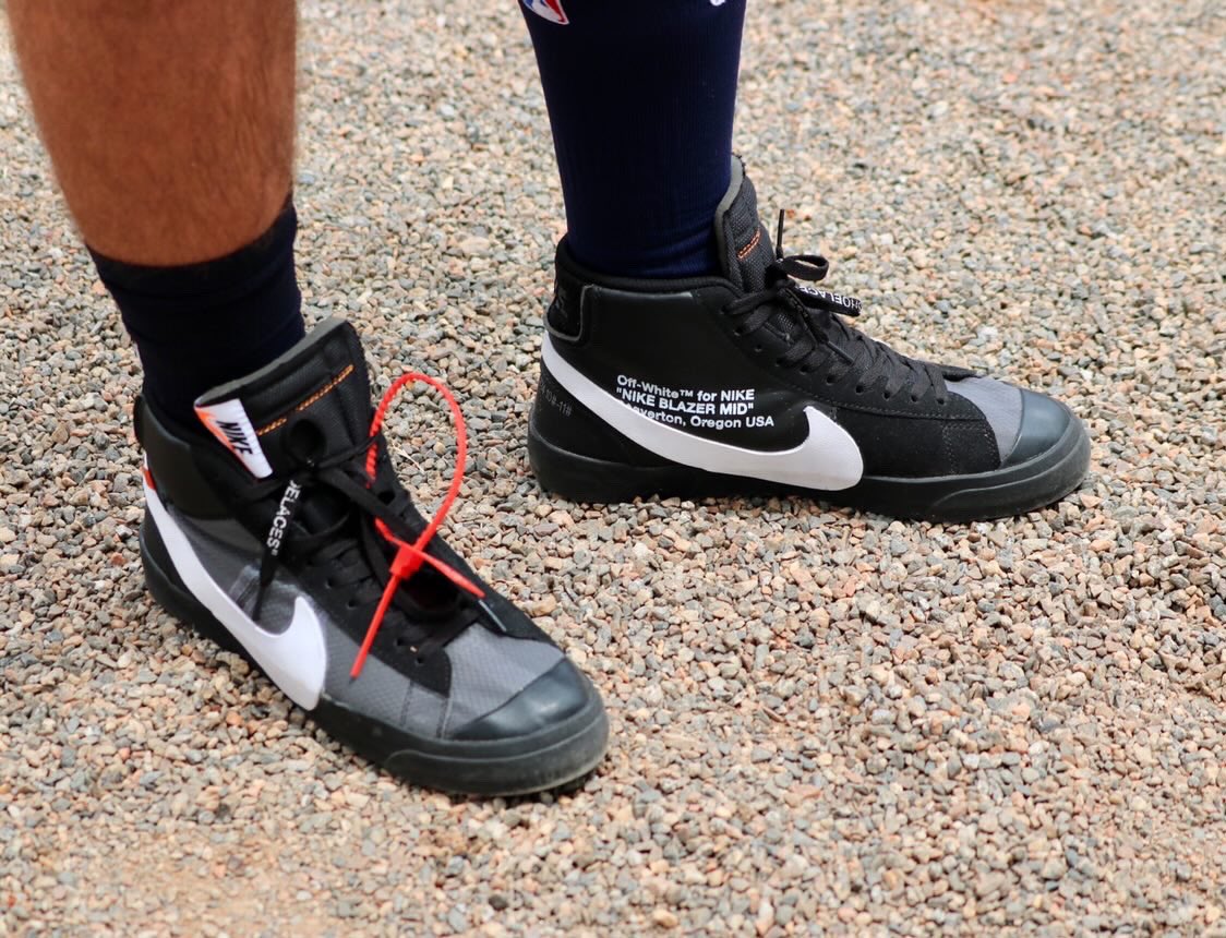 coachcris_'s tweet photo. Yep, I did wear these at our game against the Phillies today, on the field in the dirt in the grass. Why have 🔥 and keep it on the shelf?! #sneakerhead #offwhites #Nike #baseball https://t.co/u3DEJLQ5z1