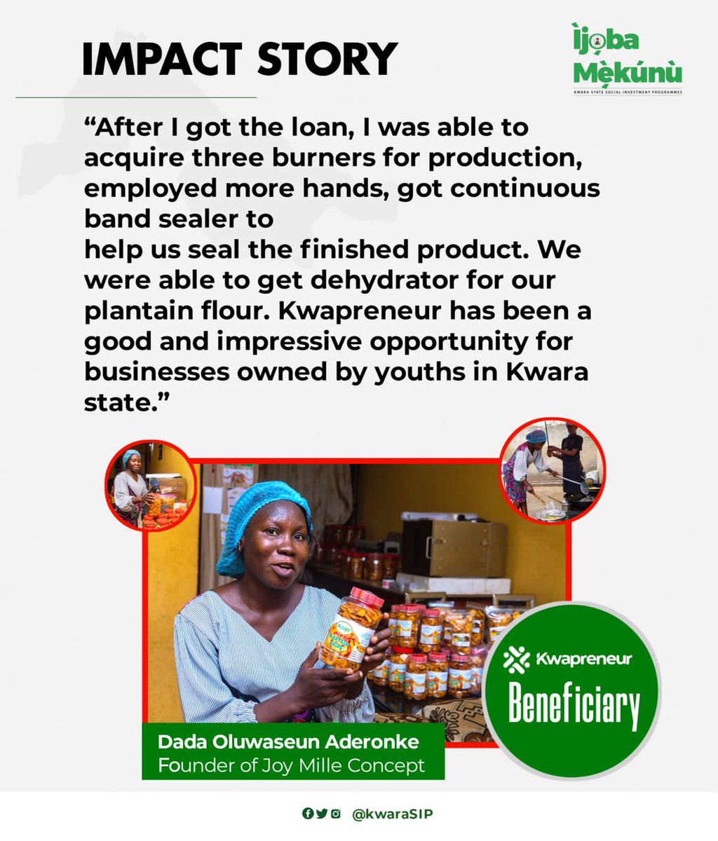Balogun_Jamih's tweet photo. #Kwapreneur 1.0 has been a huge success, with at least 75% of recipient businesses thriving and expanding.
Below are few of the impact stories of the scheme. 
Kudos to H.E @RealAARahman for making Youths development his top priority. 
#AAJourneySoFar https://t.co/e8ib1MNP2H