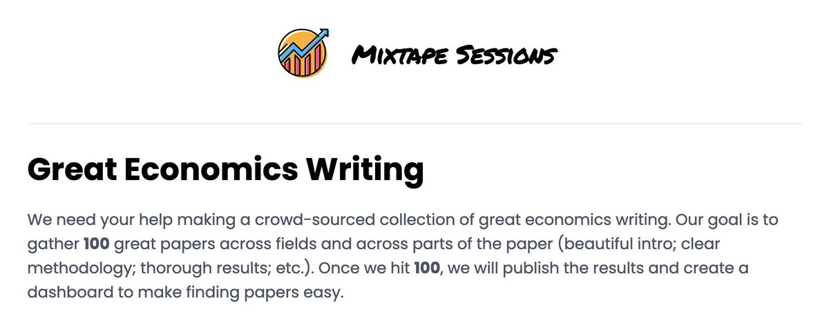 kylefbutts's tweet photo. 🚀 What do you think the best written econ paper you've ever read is? 🚀

PLEASE submit it here. Mixtape Sessions is trying to make a catalog of > 100 awesome papers folks can look through to inspire their writing

https://t.co/9gYgYdhSWC https://t.co/5igvZGn1DE