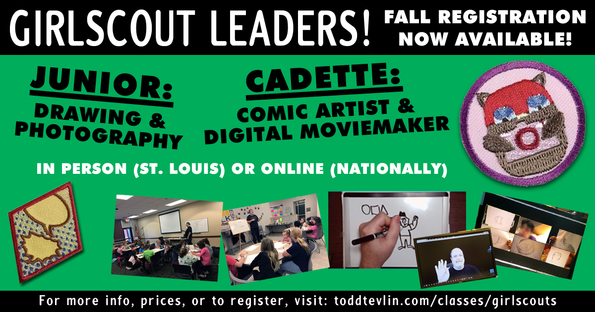 mrtoddsartclass's tweet photo. ATTN #GIRLSCOUT LEADERS!
Fall reg open for in person classes in St.Louis MO, and online Nationally! I can teach your #gstroops:
JR: Drawing &amp; Photography
CAD: Comic Artist &amp; Digil Moviemaker

More info, prices, and register: https://t.co/eEU3eGy03G

#girlscouts #girlscoutleaders https://t.co/6y25o9X8C3