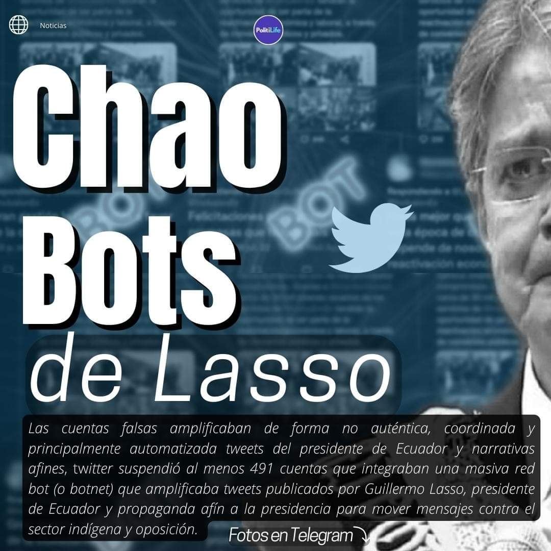 willanRSC's tweet photo. Las #cuentasfalsas amplificaban de forma, coordinada y principalmente automatizada tweets de Guillermo Lasso y narrativas afines
#TwitterSuspendió al menos 491 cuentas que integraban una masiva #redbot (o botnet) que amplificaba tweets publicados por Lasso. #AdiosBots https://t.co/OWi6aRw8SZ