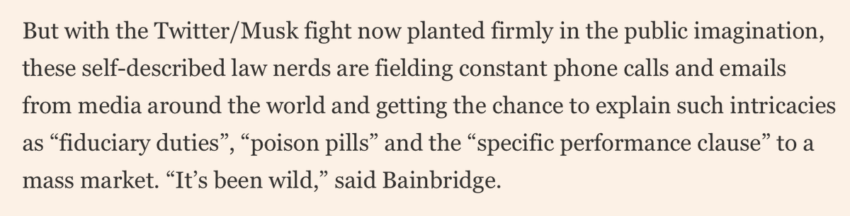 PrawfBainbridge's tweet photo. My thanks to @sindap for his @FT article highlighting the "work" @AnnMLipton @ProfEricTalley and I have been doing here on Twitter on #TwittervsElon But I must take exception to one minor point. I am not a self-described "nerd." More of a didact. https://t.co/HrHYWc3KjN https://t.co/ZWeMZLFLE2