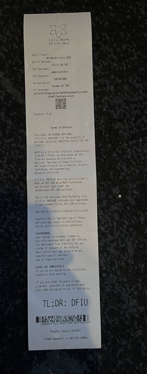 strangepartscom's tweet image. Just bought a windows VM at a vending machine at @defcon. If only there was someone who wanted to do something cool with it…

Here are the credentials:
#defcon #Defcon2022 #defcon30