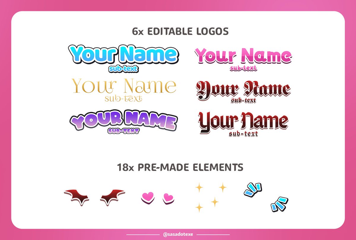 sasadotexe's tweet photo. ❤️FREE VTUBER LOGOS TEMPLATE❤️
https://t.co/kSLhKO6IrQ

Customizable VTuber logos template with pre-made elements that you can include in your design! Please credit if used💕

#VTuberAssets #FreeVTuberAssets #Vtuber #VtubersUprising https://t.co/yw8c3G5tNE