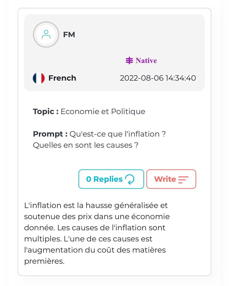langulife's tweet image. 🇫🇷❓: “What is inflation and what causes it?”

🇫🇷Read the answer of our user FM 

Do you agree with her? 

How would you answer this question in your natvie/learning language? 🤔… let’s hear them ! 😎

#langtwt #speaktwt #learntwt #languages #onlinelearning