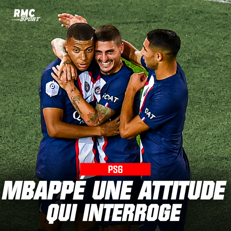 RMCsport's tweet photo. ⚡️ Kylian Mbappé, qui disputait ce samedi son premier match officiel de la saison lors de PSG-Montpellier pour la deuxième journée de Ligue 1, ne semblait pas très heureux sur le terrain. Une attitude qui interroge...