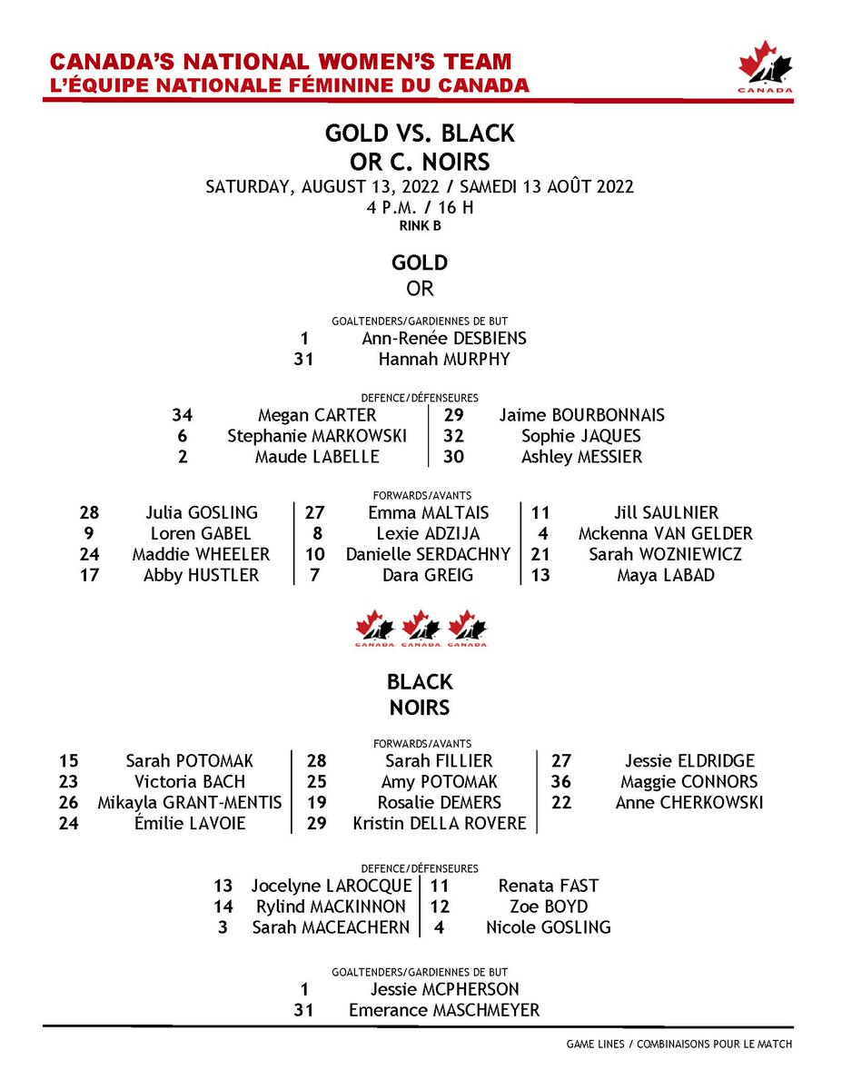 Closing out National Women's Team Selection camp with a doubleheader! First up, ⚫️ vs. 🟡.
 
Check out the lineups for both squads...
 
📺 hc.hockey/NWTCampStream05
📊 hc.hockey/NWTCampStats05
 
<a href="/BFLCANADA/">BFL CANADA</a>