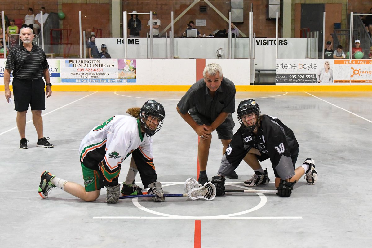 OntarioLacrosse's tweet photo. IT ALL COMES DOWN TO THIS! Game 7 of the Meredith Cup Junior “C” Ontario Championship is just over an hour away! 

@Shamroxlax v @JrCNorthmen at 7pm!

Prior to Game 6, *THE* Jim Meredith was present for the ceremonial face-off (📸 below)

Official stream: https://t.co/caKyp1yxLd https://t.co/ousQfZElIG