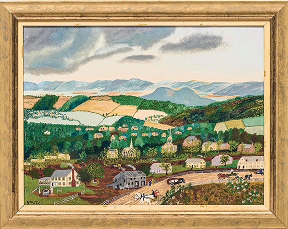 AntiqueDigest's tweet photo. Anna Mary Robertson “Grandma” Moses (1860-1961), "Cambridge [New York] in May," 1943, a tempera on masonite view of the village, 18" x 24" (sight), sold for $50,000 (est. $50,000/80,000) at @GroganAuctions https://t.co/rvHRLa2JlG #art #artist #Cambridge #NewYork #painting https://t.co/IACskyHLsp