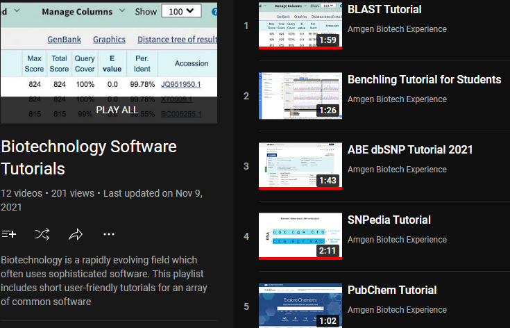 ABEProgOffice's tweet photo. Keeping up with #biotech software can be a challenge! The ABE PO has created a playlist of short user-friendly video tutorials showing tips for using a few common platforms such as #BLAST #SNPedia #dbSNP #PubChem and more! https://t.co/ZyHKlnJiEW https://t.co/ANnv8mpqoy