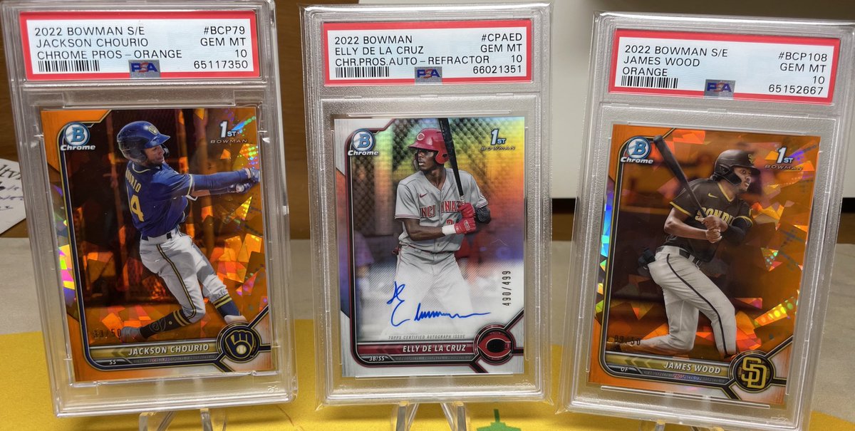 packaddictsnw's tweet photo. Added two more Bowman ‘22 slabs today. These are my three horsemen right now in the minors (plus Lawlar). 

Show me your favorite Bowman ‘22 card. NOW! https://t.co/7Qyg3LGoPV