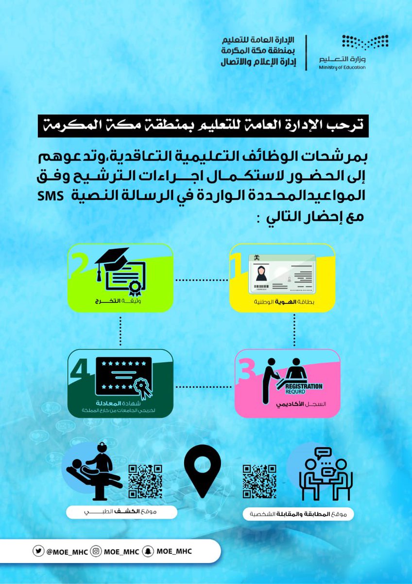 MOE_MHC's tweet photo. #تعليم_مكة يرحب بالمرشحات للوظائف التعليمية، ويعلن عن مقرات الكشف الطبي والمقابلات الشخصية حسب الموعد المرسل. https://t.co/wMqJwXcrvr