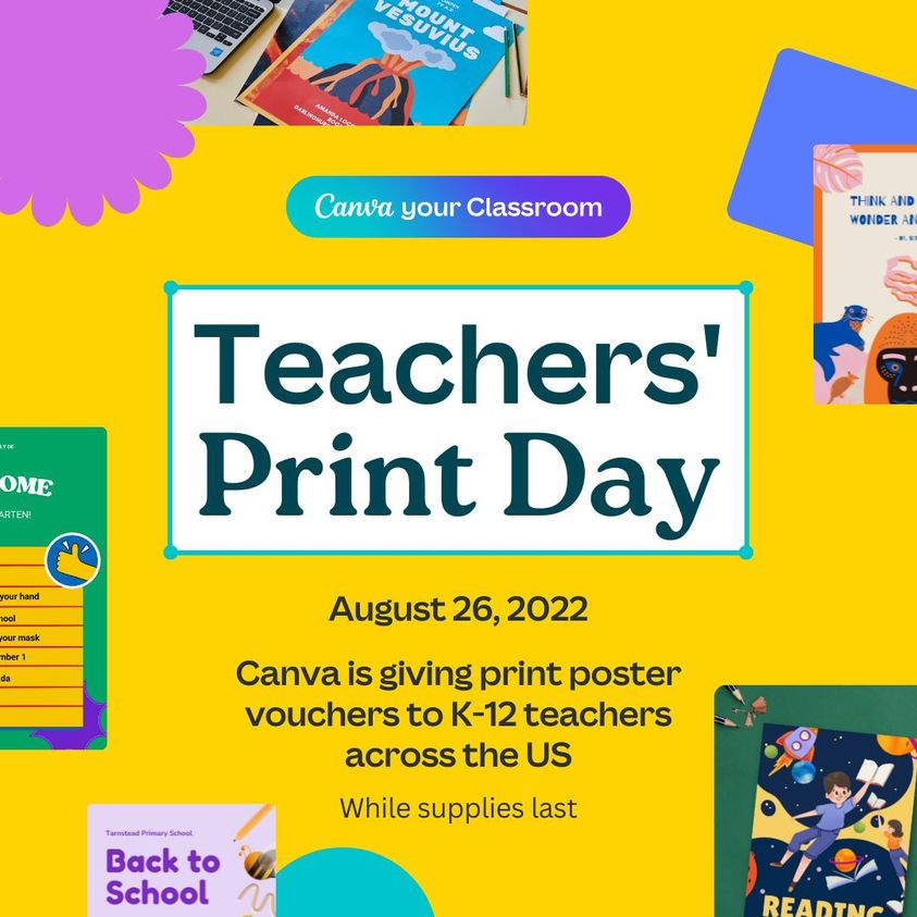 Just in time for Back to School! @Canva is giving US teachers a free print day on 8/26. Visit: canva.me/back-to-school for details. #CanvaEdu