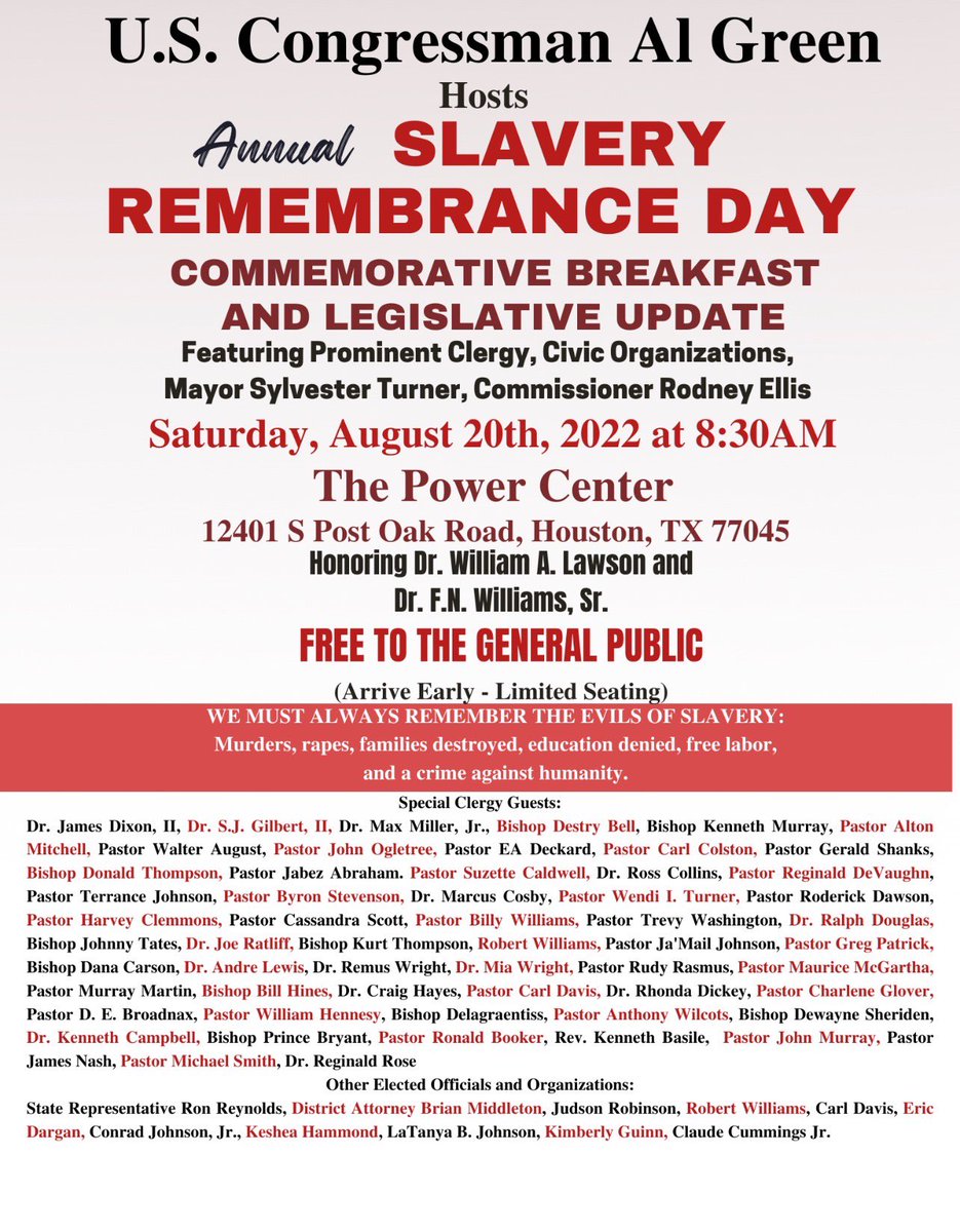 thefjjones's tweet photo. Enjoy a FREE breakfast with Congressman Al Green at the Power Center at 8:30am. Please come early as seating is LIMITED.  See flyer for details. https://t.co/EXY4RwyGjD