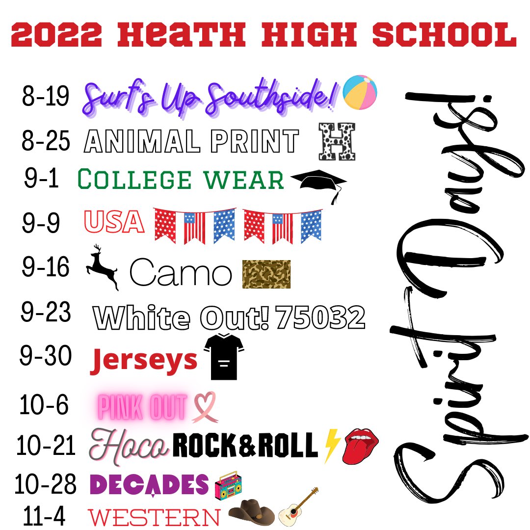 STUCOHeath's tweet photo. 🏈Football game spirit days!!!! Show your support and spirit each game day!!! ❤️🦅@Rhhs2023 @RISDAthletics @ROCOgameday @RHHSHawks @rhhspta @rocksports23 https://t.co/C9VYOfgNbV