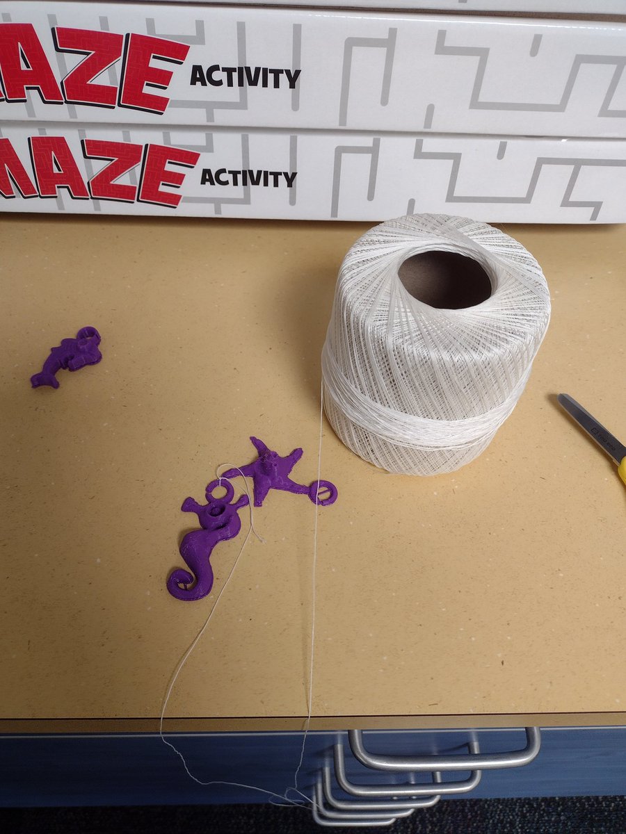 Grateful shout out to Scraps &amp; Skeins in State College for the crochet thread.  Using it to hang 3D printed items from the classroom ceilings (I teach in four buildings.)   The school theme is sea life.
check them out on FB and Instagram to see what craft items they have.