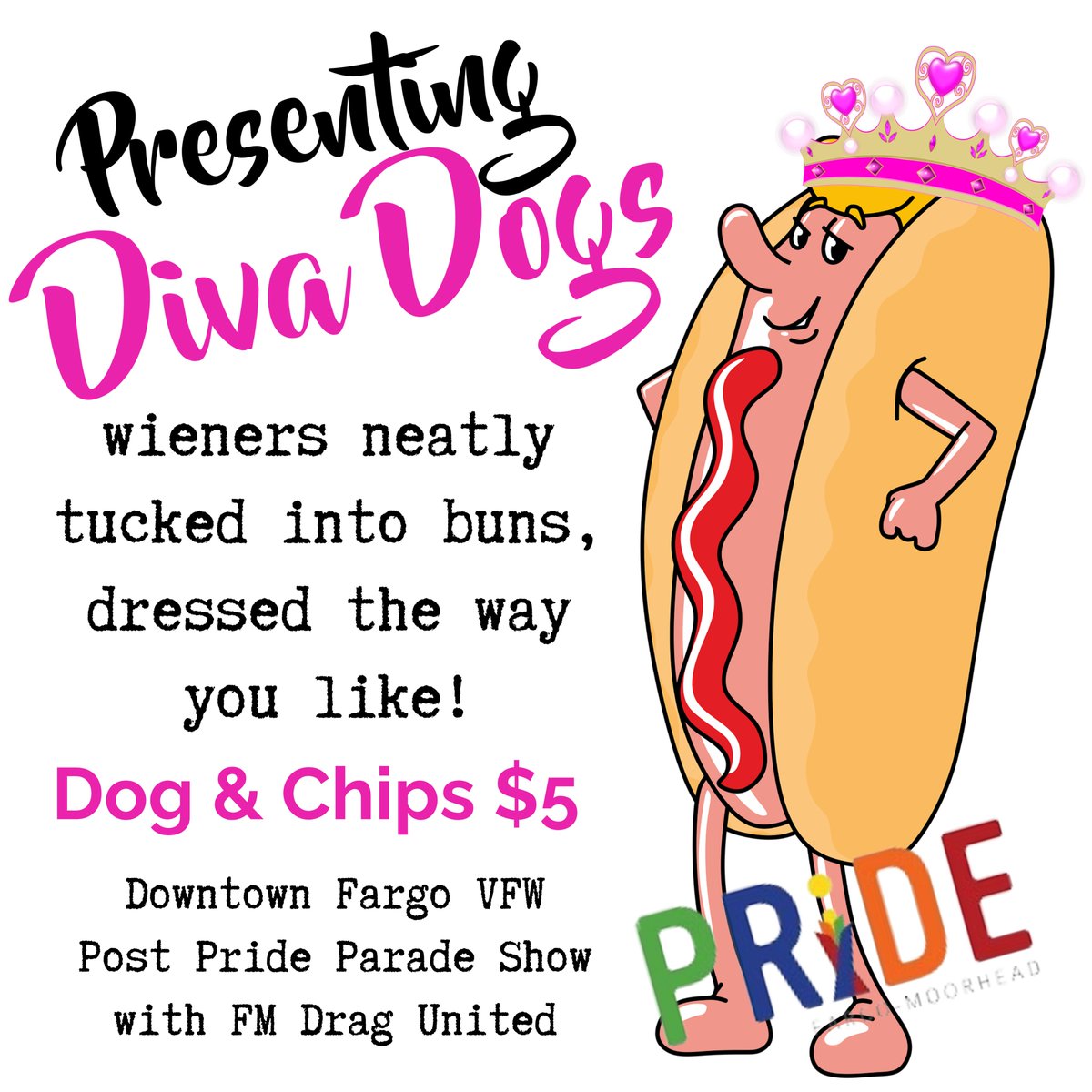 DPopTart's tweet photo. After #FMPride Parade in downtown Fargo Sunday, come join @DerekDahlsad & me at @762VFW for #DivaDogs - wieners neatly tucked into buns, dressed the way you like! Plus there's a FREE 21+ FM Drag United show & plenty to drink! Please celebrate with us - & please share
#ilovefargo https://t.co/IlZ9UQtDbn