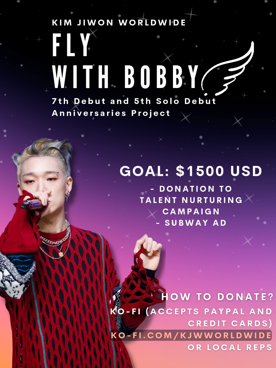 KJWworldwide's tweet photo. 7th iKON &amp; 5th Solo debut anniversary project
𝙁𝙡𝙮 𝙬𝙞𝙩𝙝 𝘽𝙤𝙗𝙗𝙮

Goal: $1500
- Donation
- Subway Ad

KoFi/PayPal: https://t.co/pnmbTFJn6p

Local reps🇵🇭🇮🇩🇺🇲🇨🇦🇲🇾
🔗https://t.co/w10sXePOyx

See poster for details 

#Bobby #바비 #バビ #iKON #아이콘 @bobbyranika @YG_iKONIC https://t.co/hi0ilex49i
