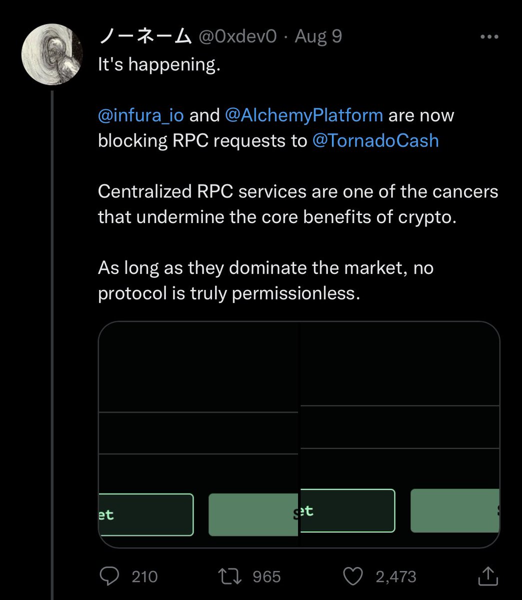 ChainLinkGod's tweet photo. The majority of Web3 users do not run their own full node to interact with blockchains, but trust RPC Providers

With @infura_io, @AlchemyPlatform, and @POKTnetwork now engaging in censorship, this issue is more clear than ever

Expecting users to run full nodes isn’t the answer https://t.co/rlkITulLCt