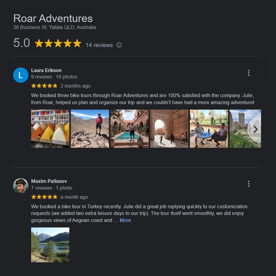 "Our experience with Roar Adventures exceeded our expectations."
⭐⭐⭐⭐⭐
Your 5 Star cycling adventures awaits!
roaradventures.com