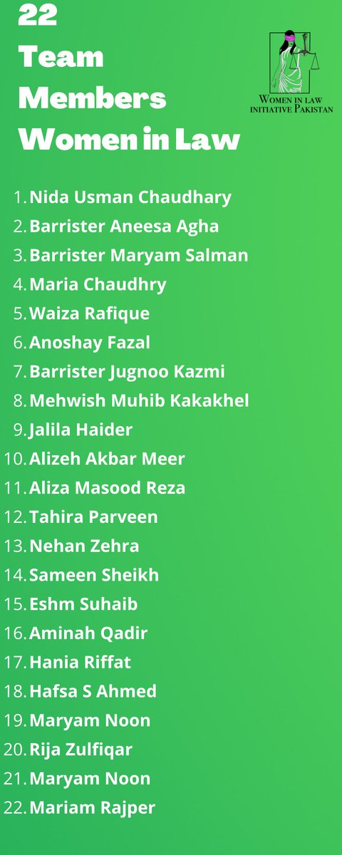WomenInLawPk's tweet photo. In no particular order of preference, here is a non-exhaustive list of 22 members of @WomenInLawPk who make it possible for us to do what we do. Today, we honour their labour and contributions to this initiative. 

#PakistanAt75 
#WomenInLaw https://t.co/v9eQwO7AgY