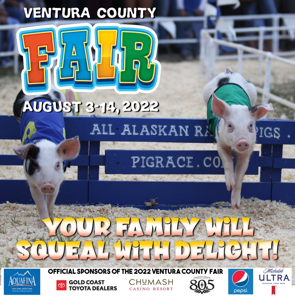 On your Mark! Get Set! OINK!
Everybody loves watching these little porkers go flying around the track, hammimg it up for the crowd! Bring your kids, your girlfriend or your grandparents; this is a show you'll want to share with your loved ones. 

venturacountyfair.org