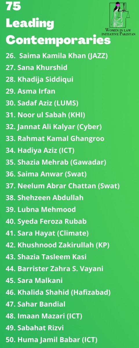 WomenInLawPk's tweet photo. Finally, in no particular order of preference, here is a non-exhaustive list of 75 leading contemporary women in law who are pushing the boundaries and reclaiming space for us all.   

#PakistanAt75 
#WomenInLaw https://t.co/ODiZoMHVU1