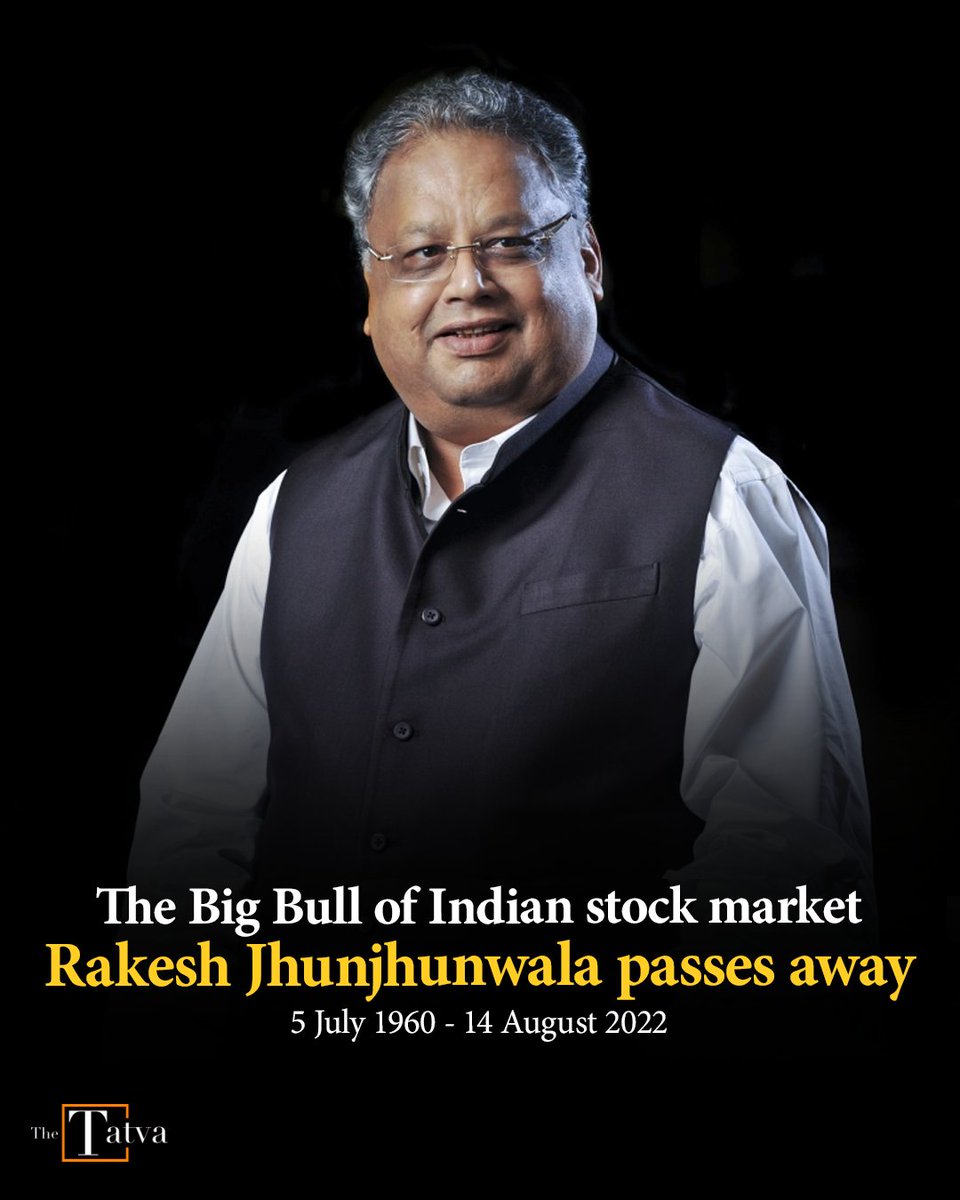 thetatvaindia's tweet photo. The Big Bull of Indian stock market #RakeshJhunjhunwala passes away at the age of 62. https://t.co/Huw1WhBVKf