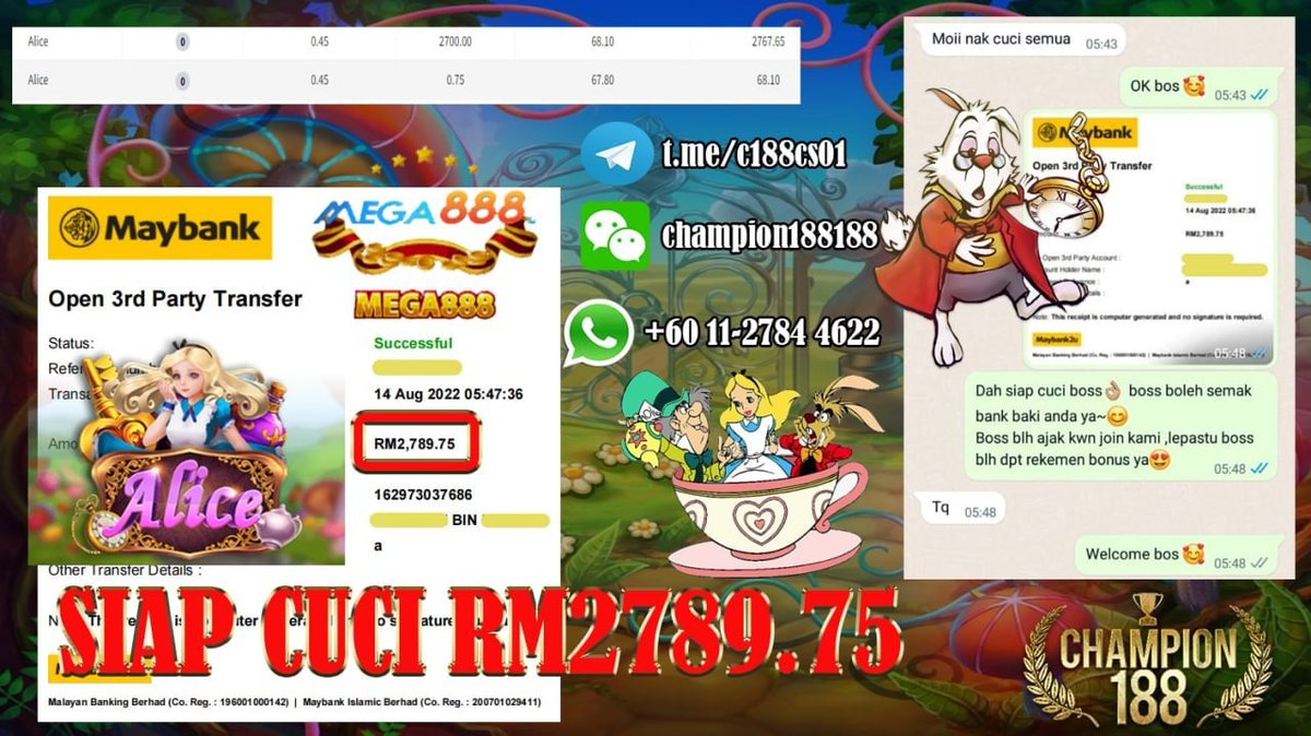CHAMPION1884's tweet photo. CHAMPION188 MALAYSIA ONLINE CASINO

SLOT ALICE IN WONDERLAND KAW KAW BAYAR 😍 ONG SLOT DLM MEGA888🥳🥳 Member ber RM0.45 aje menang sampai RM2700.00 🤩🤩  Main di CHAMPION188 , 💯 Janji Gentle Cuci , Join kami sekarang juga 😘

📍Tips Game :
 🎰 ALICE 🎰 BONUS BEAR 🎰 https://t.co/pMIsKtx5ao