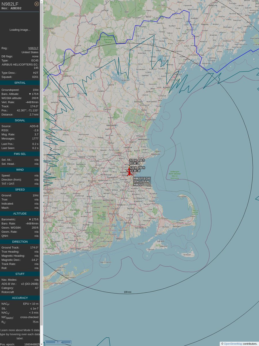 PlaneBoston's tweet image. ICAO: #ADB392
Flt: #N982LF #AIRMETHODS
First seen: 2022/08/13 23:43:46
Min Alt: 825 ft MSL
Min Dist: 1.39 nm
Peak Audio: -46 dBFS
Loudness: 0 dB

#planefence #adsb - planefence.com
globe.adsbexchange.com/?icao=adb392