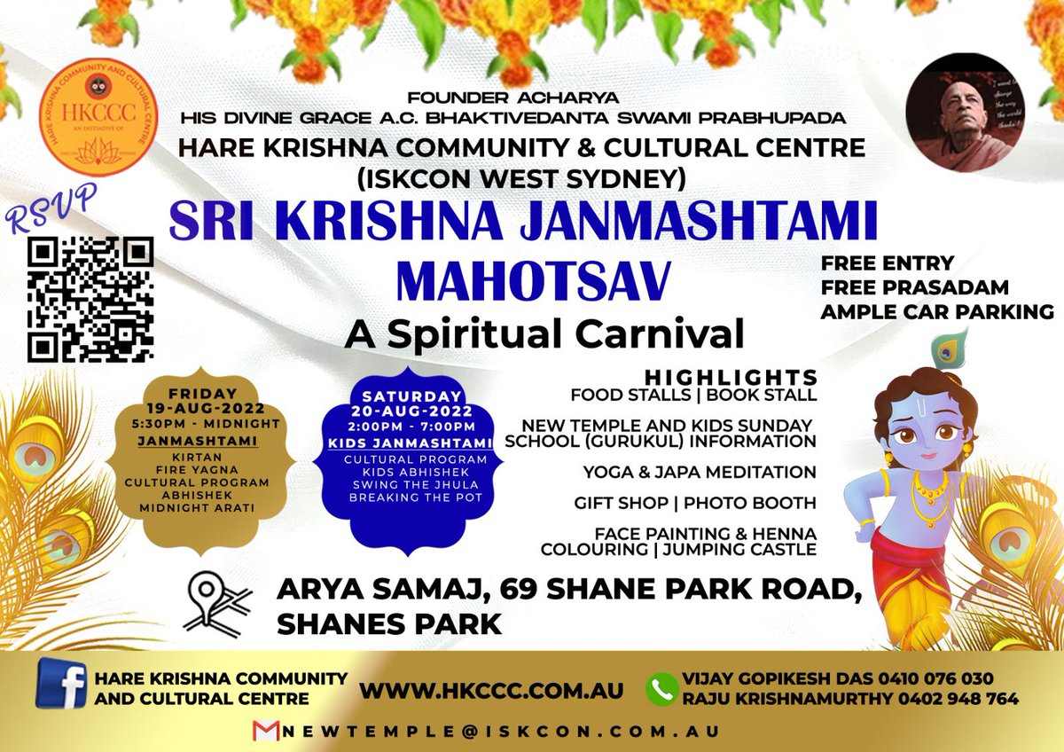 IHkccc's tweet photo. His Divine Grace Bhaktivedanta Swami Prabhupada Hare Krishna Community Cultural Centre

Spiritual carnival SRI KRISHNA JANMASHTAMI MAHOTSAV
#HKccc #iskconwestsydney

Friday 19 Aug 2022
&amp;
KIDS JANMASHTAMI
On 20 Aug 2022

at Shanes Park

newtemple@iskcon.com.au https://t.co/H22iGJXaae