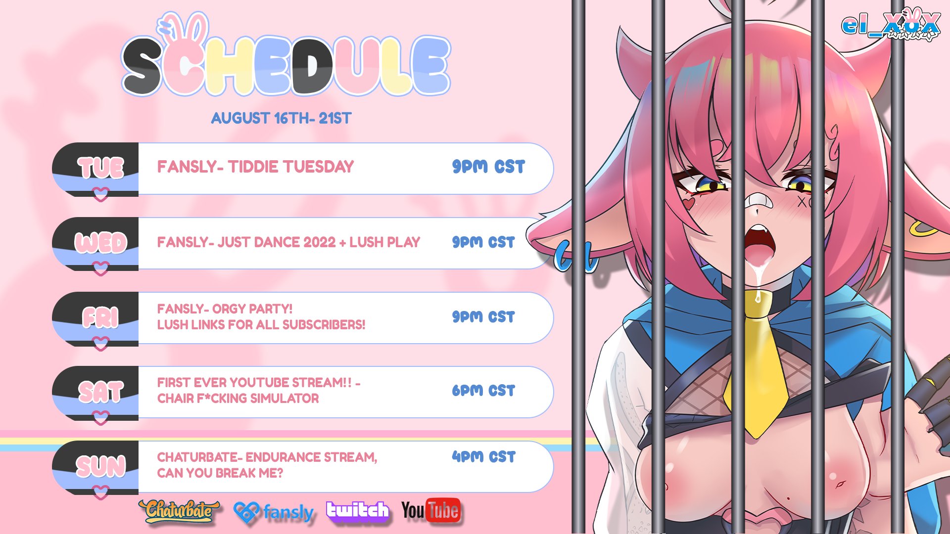 el_XoX🐰🔞 on X: TWITCH JAIL WEEK, LETS GET NAKED!!😈 ✨FIRST EVER YOUTUBE  STREAM⁉️ ⋮♡ TWITCH → t.coOKibi8eoNo ⋮♡ YouTube →  t.cowiCCEZZeUU ⋮♡ FANSLY→ t.cobEmDC5XpFk ⋮♡ 18+ ASMR →  t.com3AyhvTgJl ...