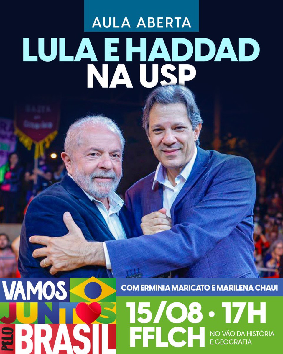 Dia 15 tem encontro em defesa da democracia! Lula e @Haddad_Fernando na USP. Registre sua presença no link lula.com.br/lula-na-usp/ #EquipeLula
