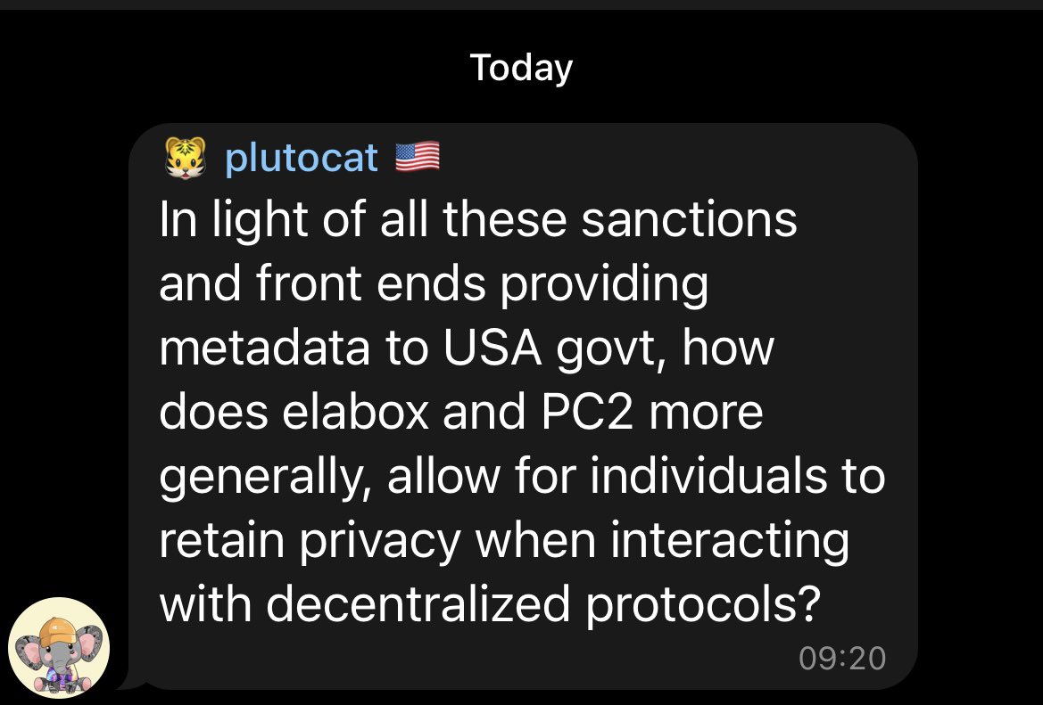 chen2rong2's tweet photo. Question: In light of all these sanctions and front ends providing metadata to USA govt, how does #elabox @ElaboxDotCom and #PC2 (Personal Cloud Compute) more generally, allow for individuals to retain privacy when interacting with decentralized protocols? https://t.co/Ordd3gusjj