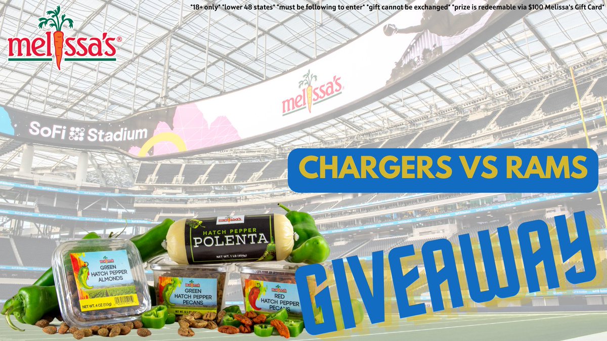 MelissasProduce's tweet photo. Reasons we love August: Hatch Chile season
&amp; NFL Preseason 🔥🏈

Both are heating up &amp; we’re celebrating with a #Hatch giveaway! To enter

1️⃣ RT &amp; like this post
2️⃣ Tell us who you’re rooting for: @chargers or @RamsNFL
3️⃣ Tag a friend

@SoFiStadium #BoltUp #RamsHouse #HatchAtHome https://t.co/LCYOGonxUI