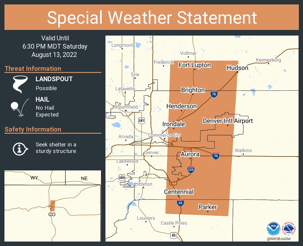 NWSBoulder's tweet photo. A special weather statement has been issued for Aurora CO, Centennial CO and  Denver Intl Airport CO until 6:30 PM MDT #COwx https://t.co/RESr27XSV9