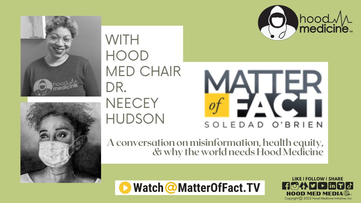 hood_medicine's tweet photo. Make sure you tune into @matteroffacttv this weekend to see our Founder @neeceysays chat w/ @soledadobrien about misinformation, health equity & why the world needs #HoodMedicine!
📺Watch at https://t.co/KeQeqQLEkM
#ScientistsHackersAssortedGeeks
#PublicHealthGuerrillas🦍 https://t.co/aR2YkxGyW2