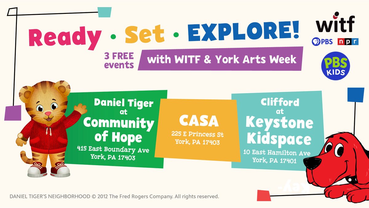 WITF's tweet photo. Join us at one of three free #ReadySetExplore events at #YorkArtsWeek! #DanielTiger, #Clifford and plenty of activities, crafts and snacks! Get the details: https://t.co/cq73i8vzKl
#RSX is supported by #PNCGrowUpGreat and the Donald B. and Dorothy L. Stabler Foundation. https://t.co/mzsALlZZzL