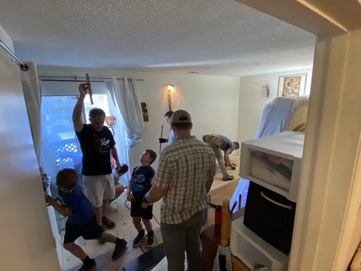F3Raleigh3rdF's tweet photo. A number of @F3Raleigh PAX and 2.0s got a full days work in helping make sure Ms. Watkins went to sleep with a new floor! A fantastic day supporting @RebldgTogthr and kicking of the @F3Nation Triangle Region partnership. TClaps to all who gave their time, energy, and expertise! https://t.co/3djnowhfZo