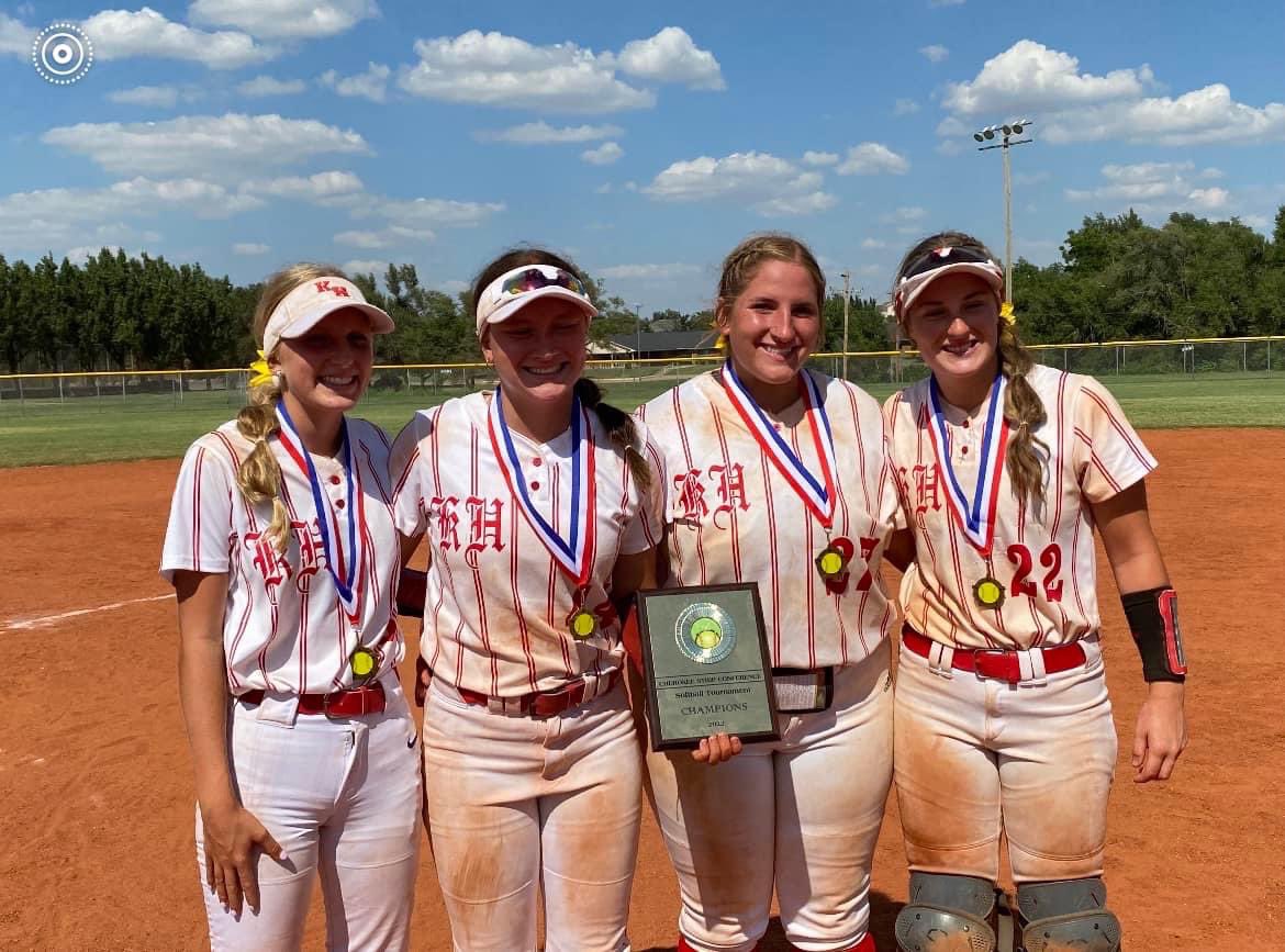 KremlinSoftball's tweet photo. Another huge congratulations to these 4 young ladies, Freshmen 3B Abbie LeCrone, Senior CF Taryn Smith, Senior RHP Karis Stewart, Sophomore C Brenli Baker, on making the All-Tournament Team❤️🤍 https://t.co/WaUmL4kFTO